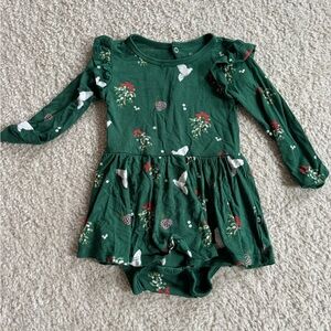 Kyte BABY Green Long-Sleeve Floral & Bird Skirted Onesie
